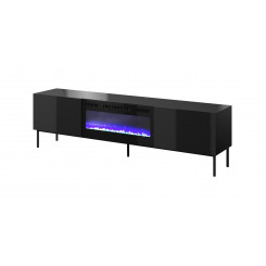 RTV cabinet SLIDE 200K with electric fireplace on black frame 200x40x57 cm all in gloss black