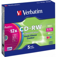 Matricas CD-RW SERL Verbatim, 700 МБ, 8x-12X, цветной, 5 шт. в упаковке, тонкий