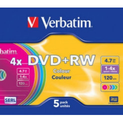 Matricas DVD+RW Verbatim 4,7 ГБ, 4 цветных, компактная упаковка из 5 шт.