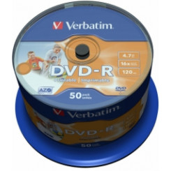 DVD-R Matricas AZO Verbatim, 4,7 ГБ, ширина 16x, для печати без удостоверения личности, шпиндель в упаковке 50 шт.