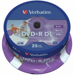 Matricas DVD+R DL Verbatim, 8,5 ГБ, двухслойный, 8x AZO, широкий для печати, без удостоверения личности, шпиндель в упаковке 25 шт.