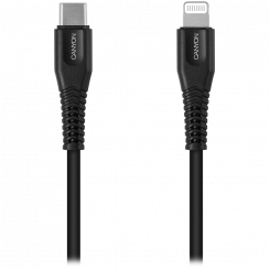 CANYON MFI-4, Type C Cable To MFI Lightning for Apple, PVC Mouling,Function：with full feature( data transmission and PD charging) Output:5V/2.4A , OD:3.5mm, cable length 1.2m, 0.026kg,Color :Black