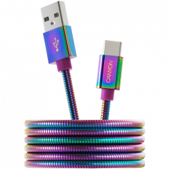 CANYON UC-7 Type C USB 2.0 standard cable, Power output 5V/9V 2A, OD 3.8mm, metal shell, cable length 1.2m, Rainbow, 14*6*1000mm, 0.04kg