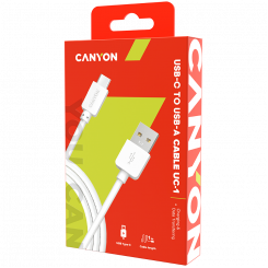 CANYON UC-1, C-tüüpi USB standardkaabel, kaabli pikkus 1m, valge, 15*8,2*1000mm, 0,018kg