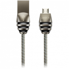 CANYON UM-5, Стандартный кабель Micro USB 2.0, выход питания и данных, 5 В, 2 А, наружный диаметр 3,5 мм, металлическая оболочка, 1 м, цвет пистолета, 0,04 кг