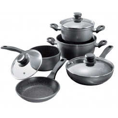Stoneline Cookware set of 8 1 sauce pan, 1 stewing pan, 1 frying pan Die-cast aluminium Black Lid included