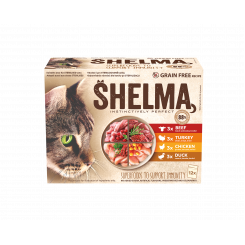 Shelma cat food with meat 12x85g beef, chicken, duck, turkey in sauce