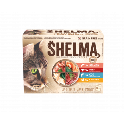 Shelma cat food meat-fish 12x85g salmon, cod, beef in chicken sauce