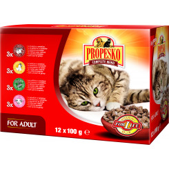 Propesko cat food 12X100g - 3 pcs with chicken, 3 pcs with venison, 3 pcs with lamb, 3 pcs with animal meat
