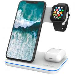CANYON WS-303, 3in1 Wireless charger, with touch button for Running water light, Input 9V/2A, 12V/2A, Output 15W/10W/7.5W/5W, Type c to USB-A cable length 1.2m, 137*103 *140mm, 0.22Kg, White