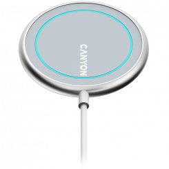CANYON WS-100, Wireless charger, Input 9V/2A, 9V/2.7A, 12V/2A, Output 15W/10W/7.5W/5W, Type c cable length 1.5m, Acrylic surface+Aluminum alloy edge, 59*59* 7mm, 0.06Kg, Silver