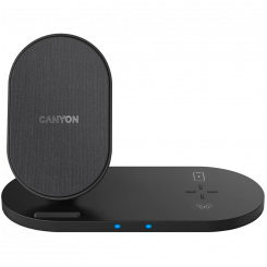 CANYON WS-202, 2in1 Wireless charger, Input 5V/3A, 9V/2.67A, Output 10W/7.5W/5W, Type c cable length 1.2m, PC+ABS,with PU part,180*86*111.1mm, 0.185 Kg,Black