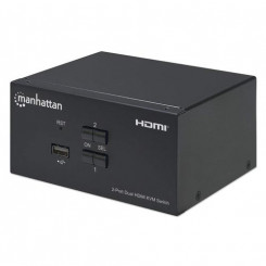 Manhattan HDMI KVM Switch 2-Port, 4K@30Hz, USB-A / 3.5mm Audio / Mic Connections, Cables included, Audio Support, Control 2x computers from one pc / mouse / screen, USB Powered, Black, Three Year Warranty, Boxed