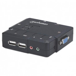 Манхэттенский KVM-переключатель, компактный, 2 порта, 2 порта USB-A, кабели в комплекте, поддержка звука, управление 2 компьютерами с одного ПК/мыши/экрана, черный, пожизненная гарантия, в упаковке