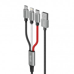 3in1 USB-Lightning / USB-C / Micro USB Budi kaabel 2,4A, 1m, põimitud (must)