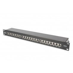 Digitus CAT 6A Patch Panel RJ45, 8P8C Suitable for 483 mm (19) cabinet mounting; Transmission properties: Category 6A, Class EA; Area of application: Up to 500 MHz, 10GBase-T; Size:482.6 x 44 x 109mm RJ45 shielding (Tinned bronze)