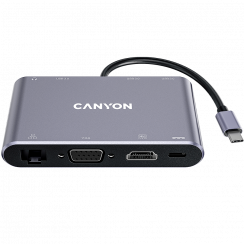 CANYON DS-14, 8 in 1 USB C hub, with 1*HDMI: 4K*30Hz, 1*VGA, 1*Type-C PD charging port, Max 100W PD input. 3*USB3.0,transfer speed up to 5Gbps. 1*Glgabit Ethernet, 1*3.5mm audio jack, cable 15cm, Aluminum alloy housing,95*55*17.6 mm, 107g, Dark gray