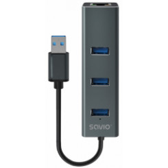 USB Centrmezgls Savio 3-port USB-A 3.1 Gen 1 Hub with RJ-45 Gigabit Ethernet