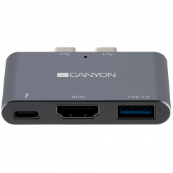 CANYON DS-1, многопортовая док-станция с 3 портами, с двойным портом Thunderbolt 3 типа C, 1 гнездо Thunderbolt 3+1*HDMI+1*USB3.0. Вход 100–240 В, выход USB-C PD100W и USB-A 5 В/1 А, алюминиевый сплав, космический серый, 59*35,5*10 мм, 0,028 кг