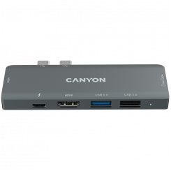CANYON DS-5, mitme pordiga dokkimisjaam 7 pordiga, 1*tüüp C PD100W+2*HDMI+1*USB3.0+1*USB2.0+1*SD+1*TF. Sisend 100–240 V, väljund USB-C PD100W ja USB-A 5V/1A, alumiiniumsulam, ruumihall, 104*42*11mm, 0,046kg (B-põlvkond)