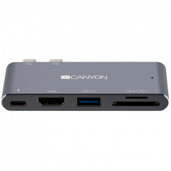 CANYON DS-5, mitme pordiga dokkimisjaam 5 pordiga, Thunderbolt 3 Dual Type C isase pordiga, 1*Thunderbolt 3 emane+1*HDMI+1*USB3.0+1*SD+1*TF. Sisend 100-240V, väljund USB-C PD100W&USB-A 5V/1A, alumiiniumsulam, ruumihall, 90*41*11mm, 0,04kg
