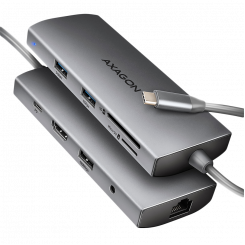 AXAGON HMC-8HLSA Концентратор USB-C 3.2 Gen 1, 3 порта USB-A + 4K/30 Гц HDMI + SD/microSD, GLAN, аудио, PD 100 Вт, кабель USB-C длиной 20 см