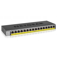 Netgear 16x 10/100/1000 Base-T RJ45 ports, 16x PoE/PoE+ 802.3af/802.3at Ports, PoE Budget 183W, PSU 200W, Fanless, Desktop, Wall/Rack mount