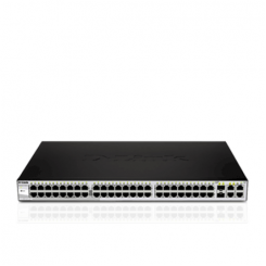 D-LINK DGS-1210-52, гигабитный интеллектуальный коммутатор с 48 портами 10/100/1000Base-T и 4 гигабитными портами MiniGBIC (SFP), управлением потоком 802.3x, агрегацией каналов 802.3ad, VLAN 802.1Q, очередями приоритетов 802.1p, Зеркалирование портов, под