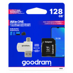 Goodram MicroSDXC 128 ГБ Class 10 UHS I + кардридер + адаптер