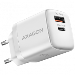 Зарядное устройство Axagon Sil, 2 порта (USB-A + USB-C), PD3.0/QC4+/PPS/AFC/Apple. Общая мощность 30 Вт.
