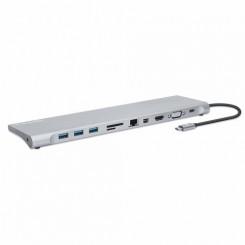 Док-станция/концентратор Manhattan USB-C с устройством чтения карт и MST, порты (9 шт.): аудио 3,5 мм, Mini DP, Ethernet, HDMI, USB-A (x3), USB-C и VGA, с подачей питания (100 Вт) на USB -Порт C (обратите внимание, что необходимо добавить настенное зарядн
