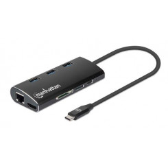 Manhattani USB-C dokk/jaotur koos kaardilugejaga, pordid (x6): Ethernet, HDMI, USB-A (x3) ja USB-C, toiteallikaga (100 W) USB-C porti (märkige täiendava USB-C seinalaadijaga ja vaja on USB-C kaablit), samaväärne Startech DKT30CSDHPD3, alumiinium, must,