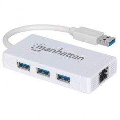 Manhattani USB-A 3-pordiline jaotur koos Gigabit Etherneti adapteriga, 3x USB-A porti, 5 Gbps (USB 3.2 Gen1 ehk USB 3.0), 1x Etherneti 10/100/1000Mbps võrk, samaväärne Startech ST3300GU3B, RJ45, SuperSpe USB, valge , Kolmeaastane garantii, blister