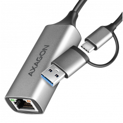 AXAGON ADE-TXCA USB-C USB3.2 Gen 1 + снижение USB-A — адаптер Gigabit Ethernet 10/100/1000, металл, титаново-серый