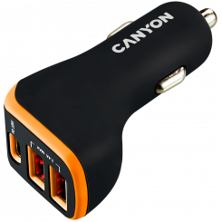 CANYON C-08, Универсальный автомобильный адаптер 3xUSB, Вход 12В-24В, Выход постоянного тока USB-A 5В/2,4А(Макс) + Type-C PD 18Вт, со Smart IC, Черный+Оранжевый с резиновым покрытием, 71*39*26,2 мм, 0,028 кг