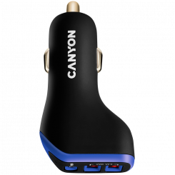 CANYON C-08, Универсальный автомобильный адаптер 3xUSB, вход 12В-24В, выход постоянного тока USB-A 5В/2,4А(макс) + Type-C PD 18Вт, со Smart IC, черный+фиолетовый с резиновым покрытием, 71*39*26,2 мм, 0,028 кг