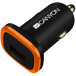 CANYON C-01, Universaalne 1xUSB autoadapter, sisend 12V-24V, väljund 5V-1A, must kummikate oranži galvaniseeritud rõngaga (ilma LED-taustvalgustuseta), 51,8*31,2*26,2 mm, 0,016 kg