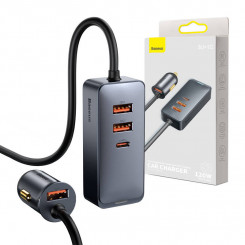 Baseus Share Together car charger with extension cable, 3x USB, USB-C, 120W (gray)