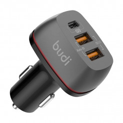 Budi car charger, 2x USB + USB-C, QC + PD (black)