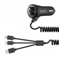 2x USB car charger Budi 068T3, 3.4A + 3in1 USB to USB-C / Lightning / Micro USB cable (black)