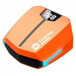 CANYON GTWS-2, Gaming True Wireless Headset, BT 5.3 stereo, 45 ms madal latentsusaeg, 37,5 tundi, USB-C, 0,046 kg, oranž