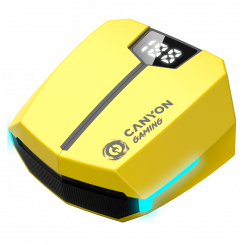 CANYON GTWS-2, Gaming True Wireless Headset, BT 5.3 stereo, 45 ms madal latentsusaeg, 37,5 tundi, USB-C, 0,046 kg, kollane