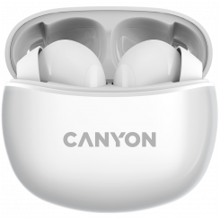 CANYON TWS-5, Bluetooth headset, with microphone, BT V5.3 JL 6983D4, Frequence Response:20Hz-20kHz, battery EarBud 40mAh*2+Charging Case 500mAh, type-C cable length 0.24m, size: 58.5*52.91*25.5 mm, 0.036kg, White