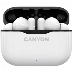 CANYON TWS-3, Bluetooth-гарнитура, с микрофоном, BT V5.0, Bluetrum AB5376A2, аккумулятор EarBud 40мАч*2+Зарядный чехол 300мАч, длина кабеля 0.3м, 62*22*46мм, 0.046кг, Белый