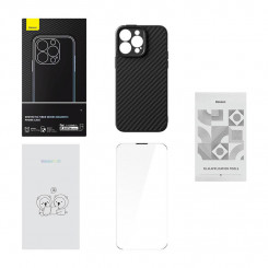 Baseus Synthetic Fiber Series magnetümbris iPhone 14 Pro jaoks (must) + karastatud klaas + puhastuskomplekt