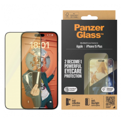 PanzerGlass Ekraanikaitse Apple iPhone 15 Plus Glass Clear Eyecare Ultra-Wide Fit; Lihtne paigaldus; Sõrmejäljekindel; Anti-sinine valgus; Peegeldusvastane; Kollastumise vastane