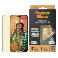PanzerGlass Защитная пленка для экрана Apple iPhone 15 Pro Max Glass Clear Eyecare Ultra-Wide Fit; Простая установка; Устойчивость к отпечаткам пальцев; Анти-синий свет; Антибликовый; против пожелтения