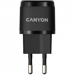 CANYON H-20-05, PD 20W Input: 100V-240V, Output: 1 port charge: USB-C:PD 20W (5V3A/9V2.22A/12V1.66A), Eu plug, Over-Voltage, over-heated, over-current and short circuit protection Compliant with CE RoHs,ERP. Size: 68.5*29.2*29.4mm, 32.5g, Black