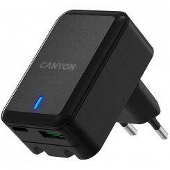 CANYON H-20T, PD 20W/QC3.0 18W WALL Charger with 1-USB A+ 1-USB-C Input: 100V-240V, Output: 1 port charge: USB-C:PD 20W (5V3A/9V2.22A/12V1 .67A) , USB-A:QC3.0 18W (5V3A/9V2.0A/12V1.5A), 2 port charge: common charge, total 5V, 3.4A