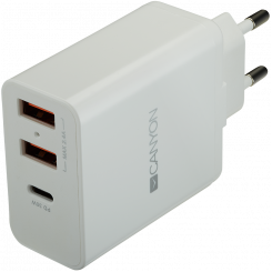 CANYON H-08, Universal 3xUSB AC charger (in wall) with over-voltage protection(1 USB-C with PD Quick Charger), Input 100V-240V, OutputUSB-A/5V-2.4A+USB-C/PD30W, with Smart IC, White Glossy Color+ orange plastic part of USB, 96.8*52.48*28.5mm, 0.092kg